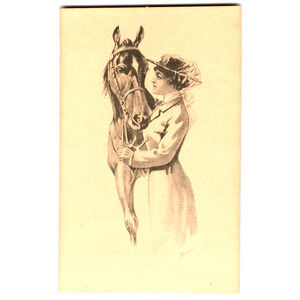 Glamour Beautiful Women In Hat With Horse Vintage Postcard Antique Artist Signed